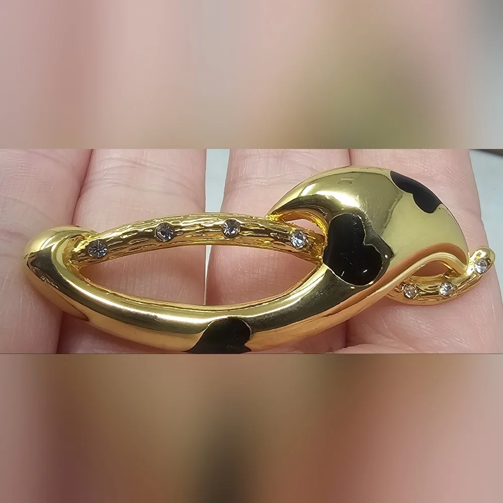 Gold Tone Black Enamel Heart Inlay Brooch With Rhinestones 2-1/4" - Picture 7 of 8